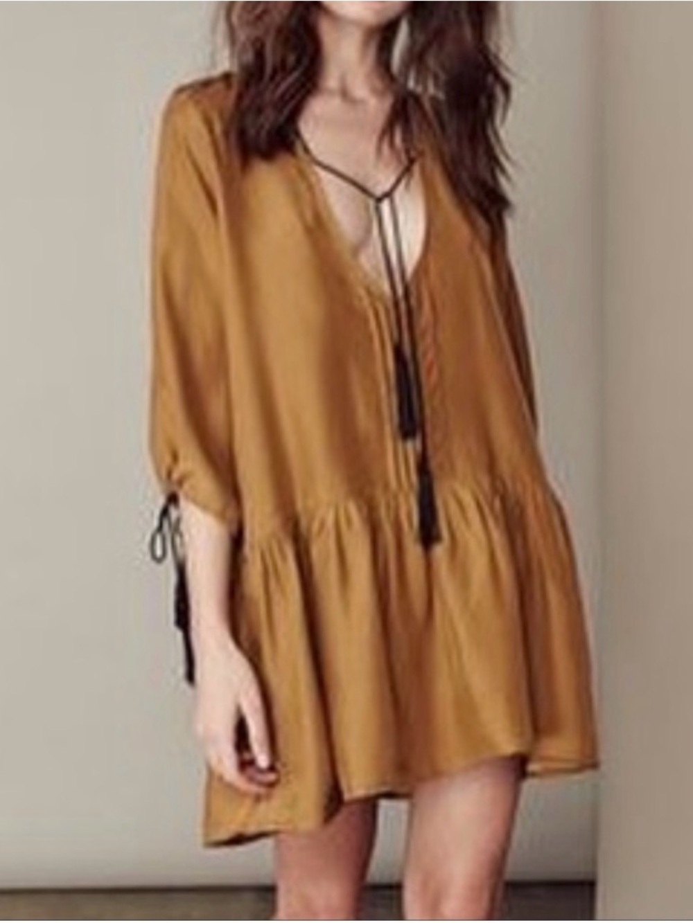 For Love & Lemons Monterey Silk Mini Dress Old Gold Medium Babydoll Hem Flowy